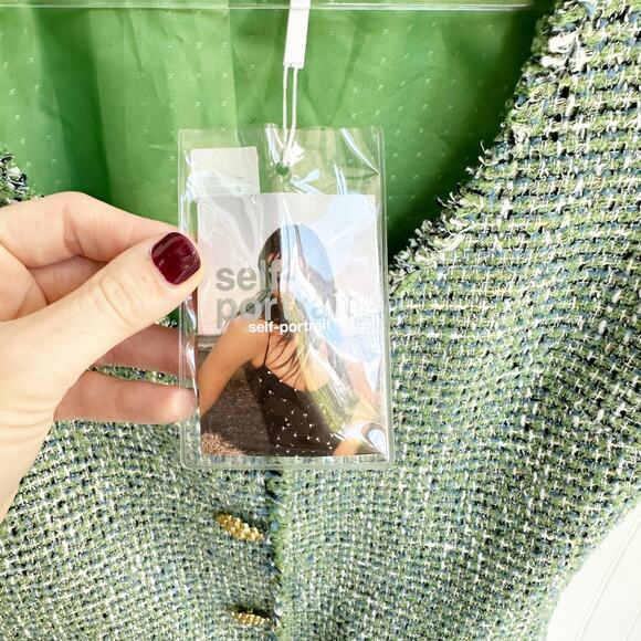 Self-Portrait Tweed Mini Dress Green Boucle Short Sleeve Button Front 10 NWT - Picture 9 of 12